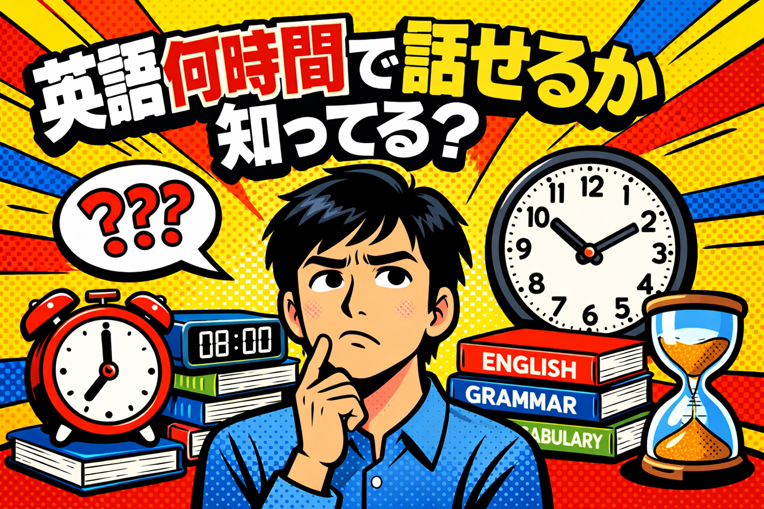 英語は何時間で話せるかをテーマにしたポップでコミカルなアイキャッチ画像