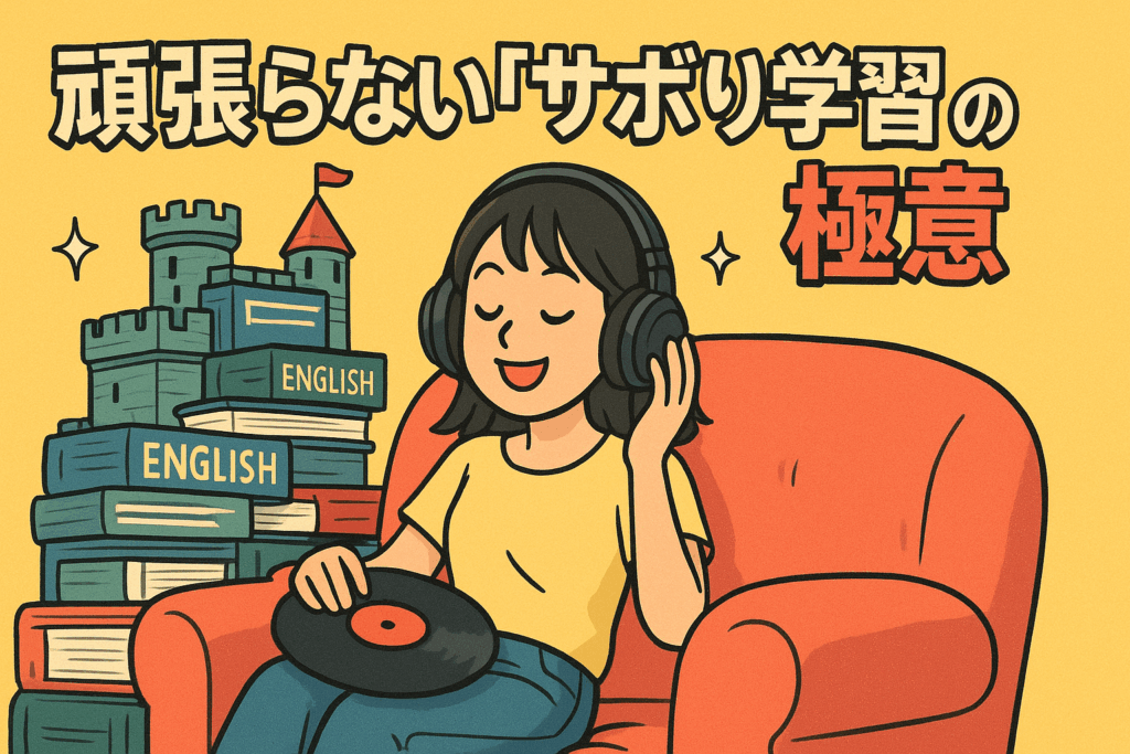 ソファでリラックスして洋楽を聴きながら、大量の教科書を無視する若い女性。頑張らずに英語を習慣化する様子。