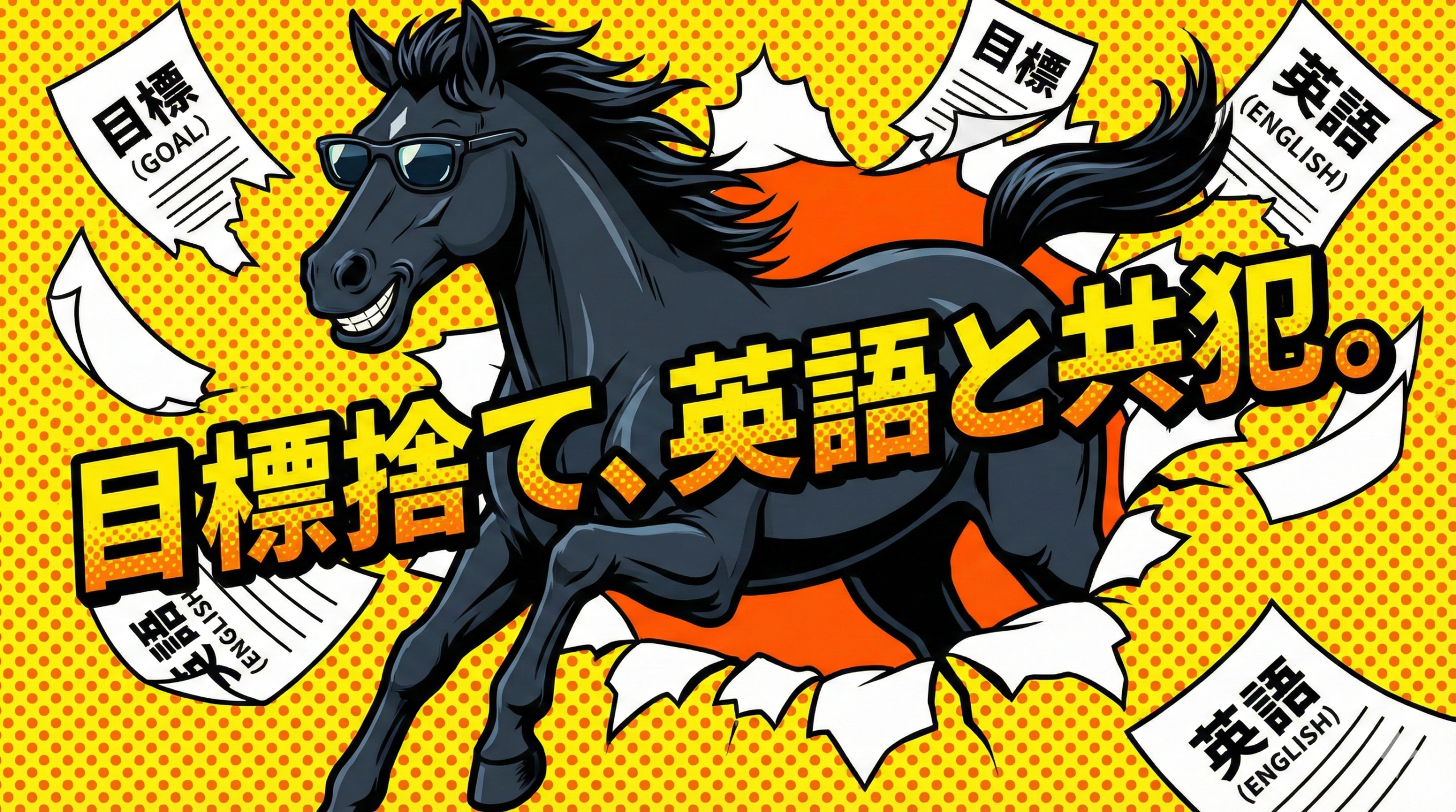 2026年の干支である馬がサングラスをかけて不敵に笑い、目標と書かれた書類を破り捨てているコミカルなポップアート風のイラスト。中央には『目標捨て、英語と共犯。』という力強いキャッチコピーが配置されている。