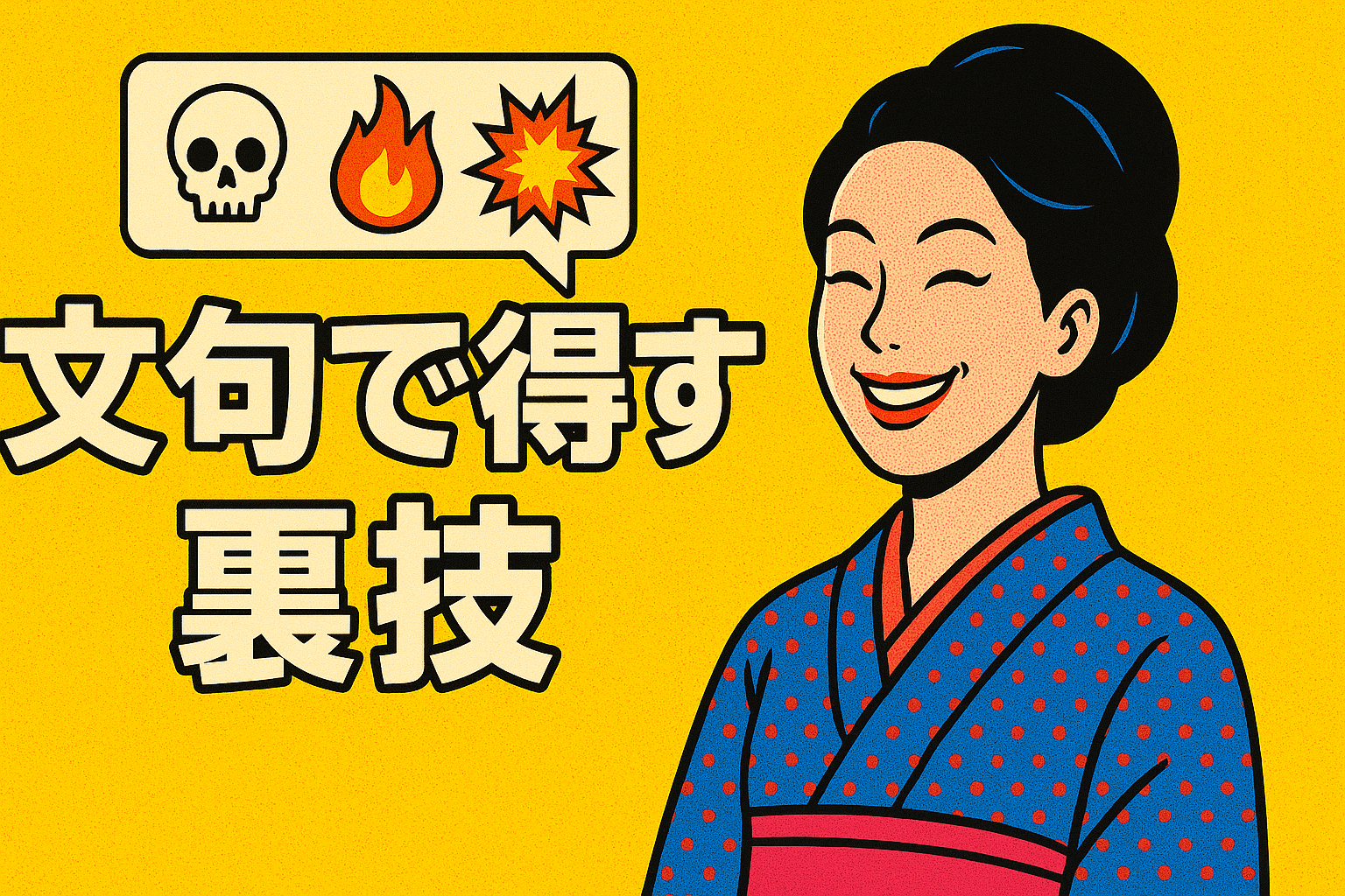 上品な笑顔の女性の頭上にドクロや炎のアイコンがある、コミカルなポップアート風のイラスト。キャッチフレーズ「文句で得する裏技」が描かれており、感情を抑えて賢く主張する様子を表現している。