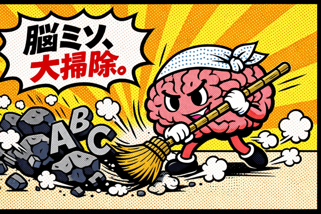 「脳ミソ、大掃除。」の吹き出しと共に、ハチマキをした脳みそのキャラクターが竹ぼうきで不要な英語の文字や障害物を掃除しているポップアート風イラスト。