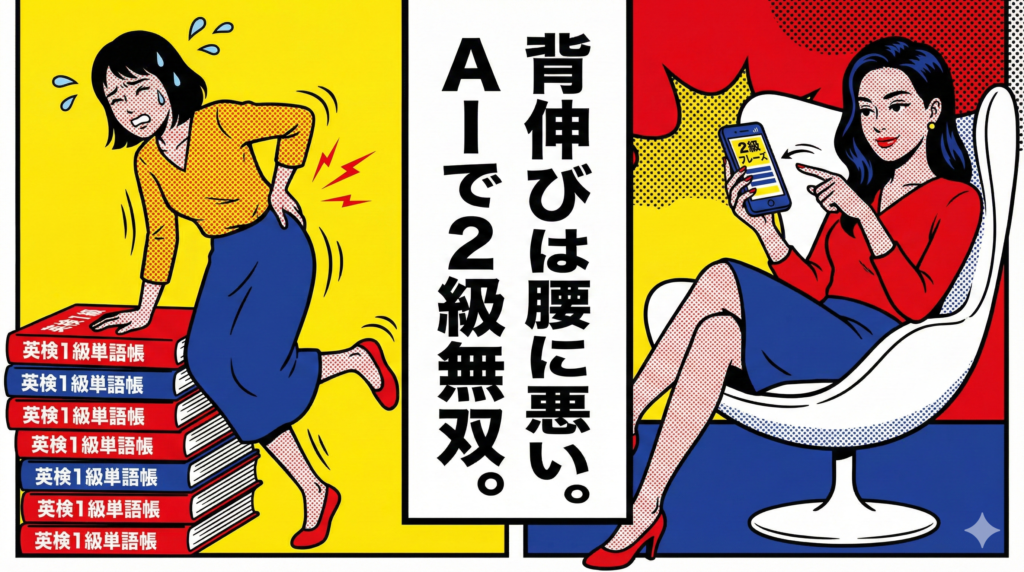 英検1級の重圧に背伸びして苦しむ学習者と、AIを使いこなして余裕の表情を見せる英会話コーチの対比を、鮮やかな色彩と大胆な輪郭線で描いたポップアート風のイラスト。中央に「背伸びは腰に悪い。AIで2級無双。」という文字。