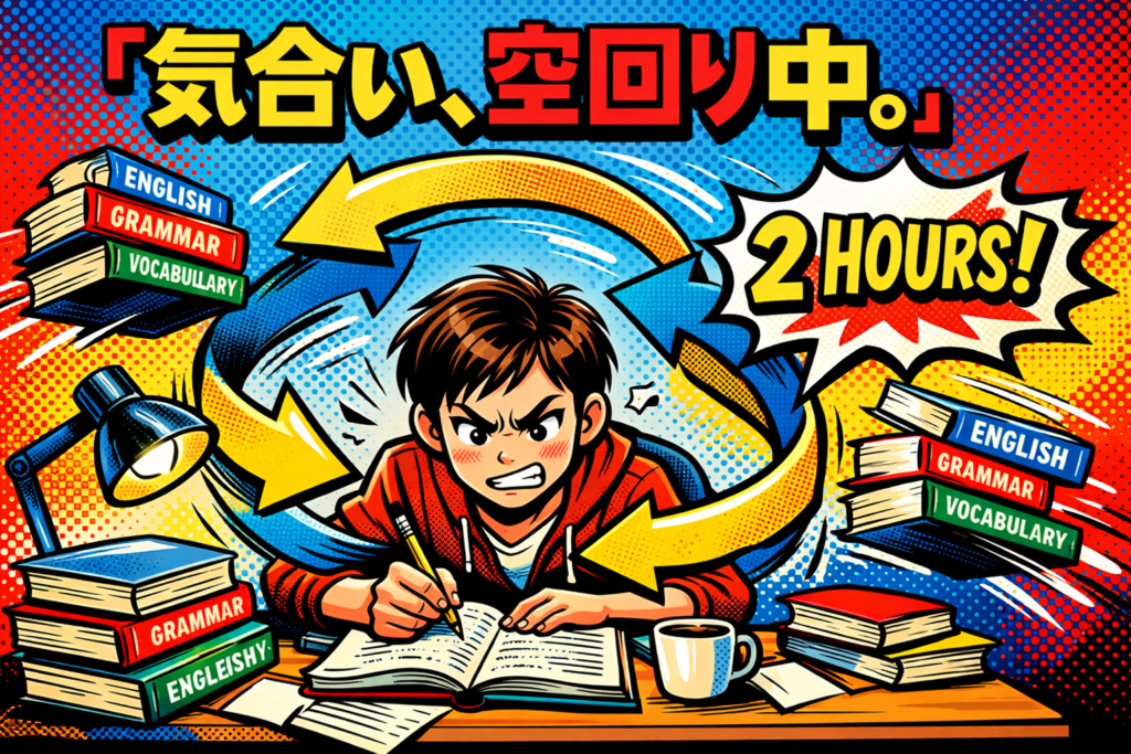 2時間英語を頑張る人が疲れて止まり、10分続ける人が穏やかに積み上げる様子を対比したポップアート風イラス