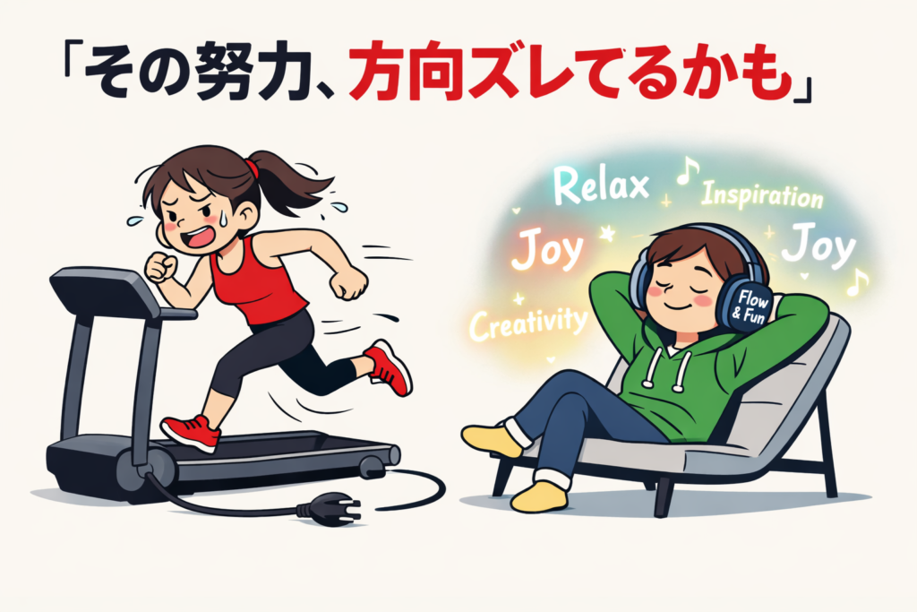 2時間努力する人がトレッドミルで走り続ける一方、リラックスして英語を楽しむ人がいる皮肉イラスト