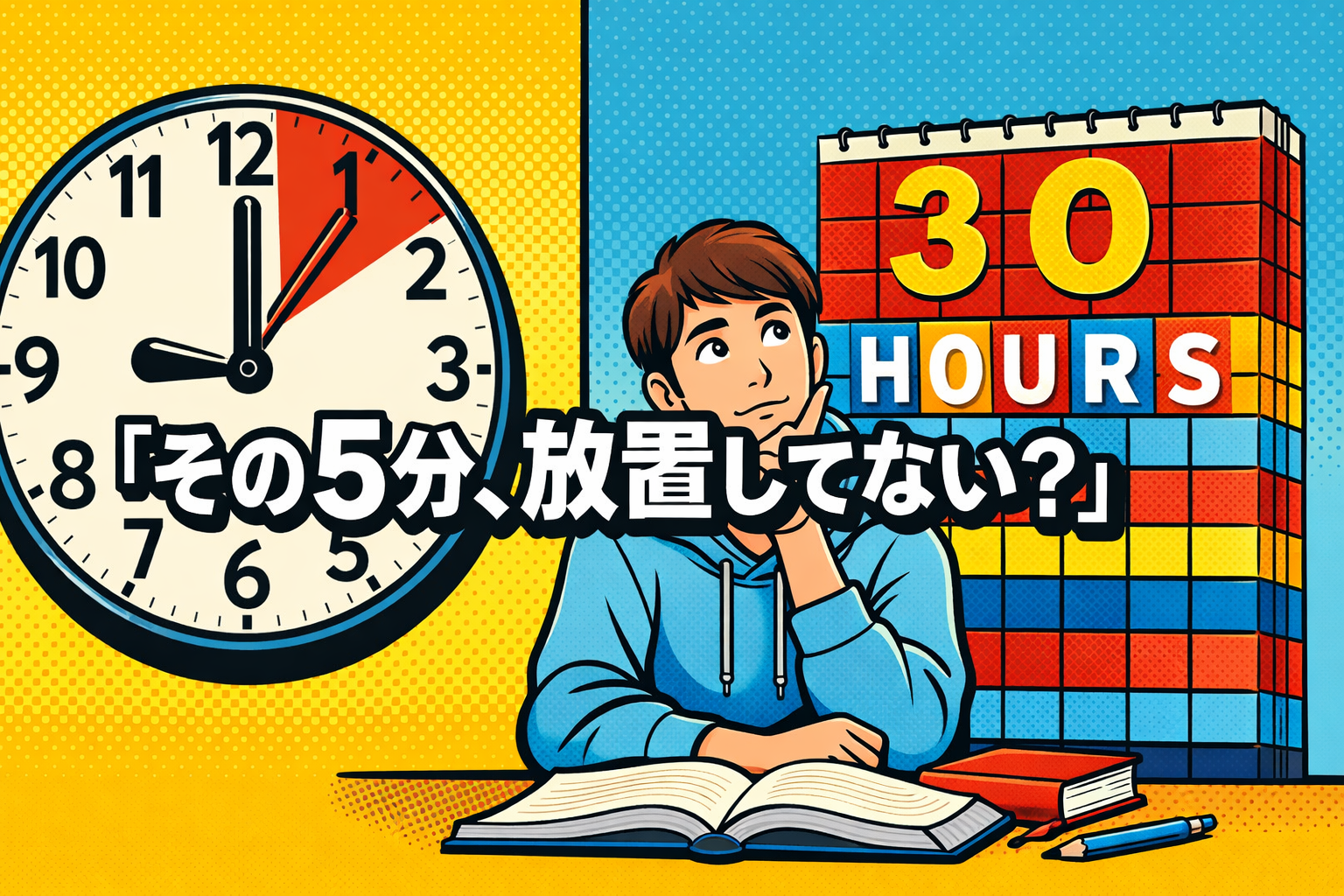 5分の迷いが年間30時間の差になることを表現したポップアート風英語学習イラスト