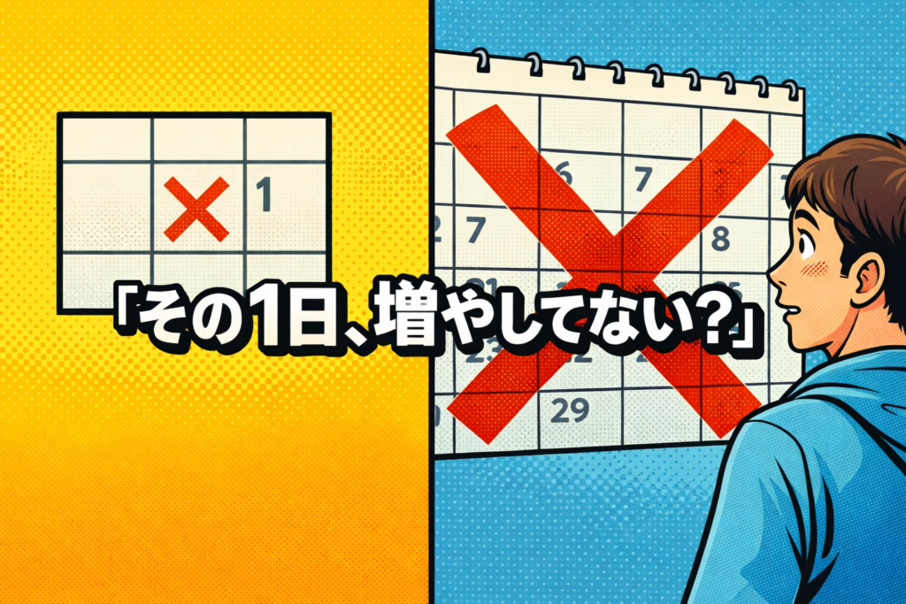 1日の未実行が複数日に増幅して広がる様子をポップアート風に描いた英語学習の心理イラスト