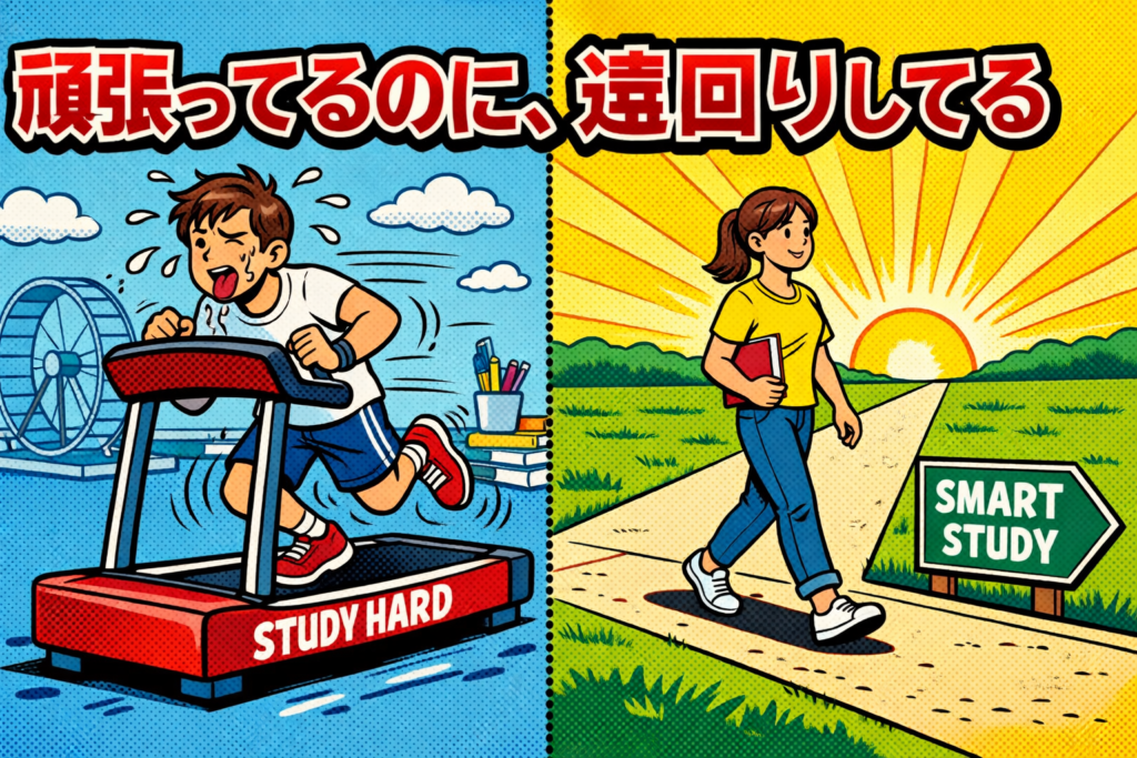 トレッドミルで必死に走るが前に進まない人と効率的に進む人を対比した英語学習の非効率を示すポップアートイラスト